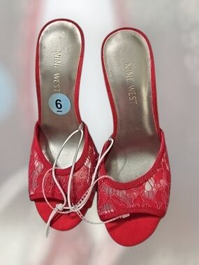 Nine West Red Mesh Lace Slip-On Open-Toe High Heel With Metallic Insole